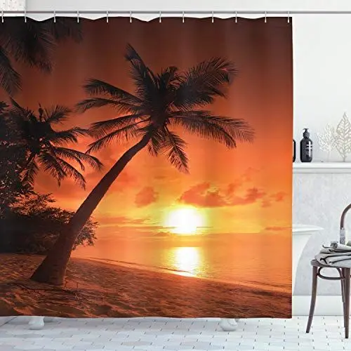 Produktbild: ABAKUHAUS Tropisch Duschvorhang, Twilight-Kokosnuss-Palmen, Stoffliches Gewebe Badezimmerdekorationsset mit Haken, 175 x 200 cm, Orange Braun