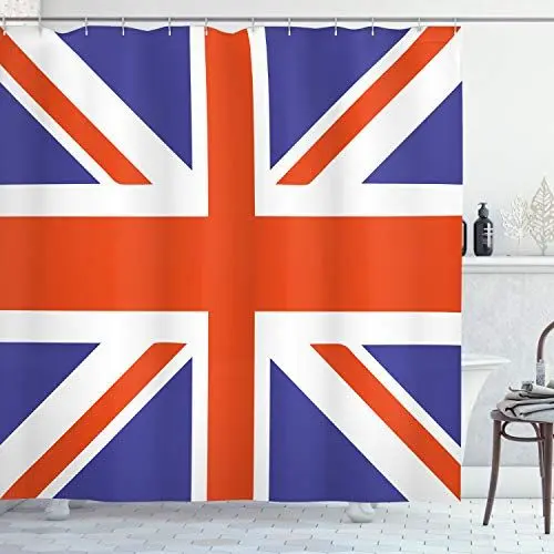 Produktbild: ABAKUHAUS Union Jack Duschvorhang, Britische Loyal, Stoffliches Gewebe Badezimmerdekorationsset mit Haken, 175 x 180 cm, Royal Blue Weiß
