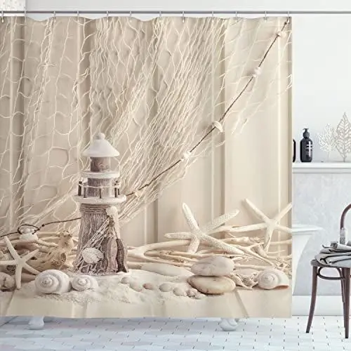 Produktbild: ABAKUHAUS Unterwasser- Duschvorhang, Marine Fischernetz, mit 12 Ringe Set Stielvoll Modern, 175x200 cm, Beige Creme