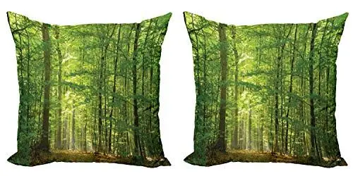 Produktbild: ABAKUHAUS Wald Kissenbezug Set (2Stück), Laub Wald Sommer, doppelseitiges Digitaldruckdekor mit Reißverschluss, 50 cm, Grün