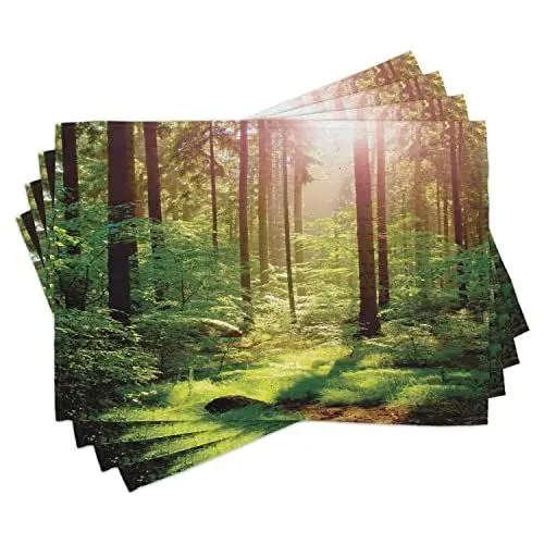 Produktbild: ABAKUHAUS Wald Platzmatten, Wald im Frühling Zeit Sonnenuntergang Moos Woods Blatt Wildnis Fantasy Magical View Print, Tiscjdeco aus Farbfesten Stoff für das Esszimmer und Küch, Farngrün