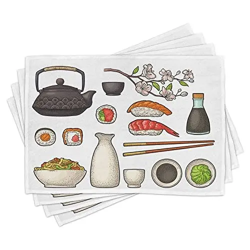 Produktbild: ABAKUHAUS Wasabi Platzmatten, Japan Teekanne Sakura Sushi, Tischdekoration Für Küche aus Waschbarer Stoff Digitaldruck, Mehrfarbig