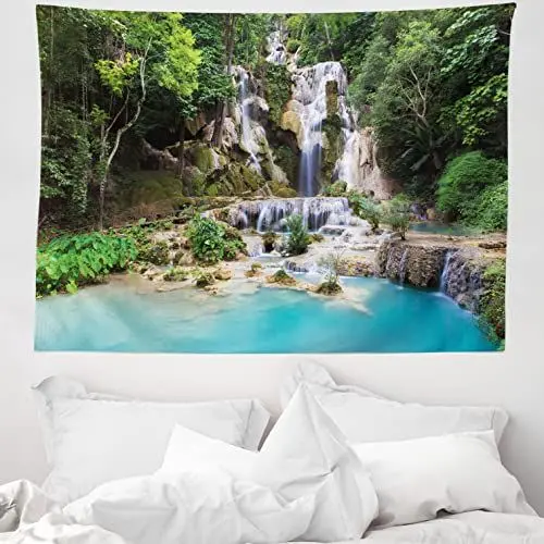 Produktbild: ABAKUHAUS Wasserfall Wandteppich, Laos Vietnamesisch See aus Weiches Mikrofaser Stoff Waschbar ohne Verblassen Digitaldruck, 150 x 110 cm, Grün Blau