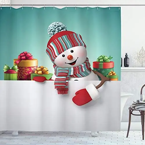 Produktbild: ABAKUHAUS Weihnachten Duschvorhang, Schneemann und Boxen, Stoffliches Gewebe Badezimmerdekorationsset mit Haken, 175 x 200 cm, Kadett Blau Rot