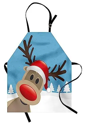 Produktbild: ABAKUHAUS Weihnachten Kochschürze, Rentier Rudolph mit roter Nase und Santa Claus Hat Snowy Forest, Höhenverstellbar Klare Farben ohne verblassen, Blassblau Rot Hellbraun