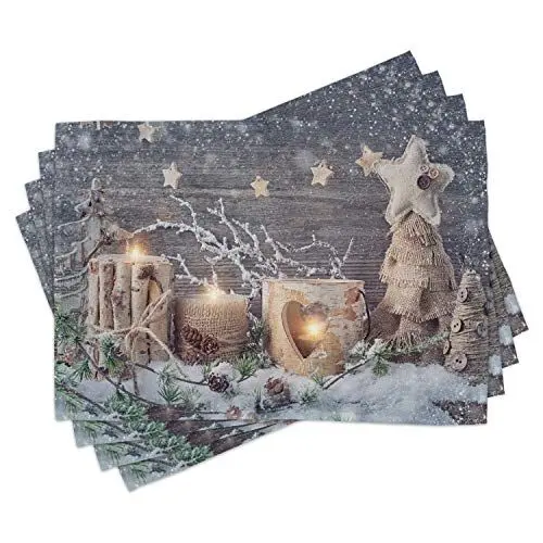 Produktbild: ABAKUHAUS Weihnachten Platzmatten, Candle Winterurlaub, Waschbare Stoff Esszimmer Küche Tischdekorations Digitaldruck, Khaki Grau