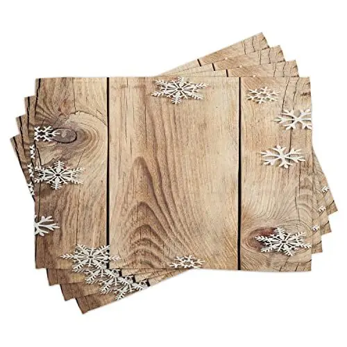 Produktbild: ABAKUHAUS Weihnachten Platzmatten, Holz Plank Schneeflocken, Waschbare Stoff Esszimmer Küche Tischdekorations Digitaldruck, Braun Hellbraun Weiß
