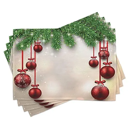 Produktbild: ABAKUHAUS Weihnachten Platzmatten, Red Ball Ribbons, Waschbare Stoff Esszimmer Küche Tischdekorations Digitaldruck, Rotgrün