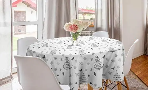 Produktbild: ABAKUHAUS Weihnachten Runde Tischdecke, Winter-Bäume Schneeflocken, Kreis Tischdecke Abdeckung für Esszimmer Küche Dekoration, 150 cm, Dunkelgrau und Hellgrau
