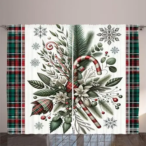 Produktbild: ABAKUHAUS Weihnachten Rustikaler Gardine, Kariertes Weihnachtsornament Bonbons, Schlafzimmer Kräuselband Vorhang mit Schlaufen und Haken, 280 x 175 cm, Zinnoberrot Beige Grün
