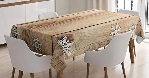 Produktbild: ABAKUHAUS Weihnachten Tischdecke, Holz Plank Schneeflocken, Wasserfest Waschbar mit Klar Sichtbaren Farben kein Verblassen Personalisiert, 140 x 170 cm, Hellbraun Weiß Braun