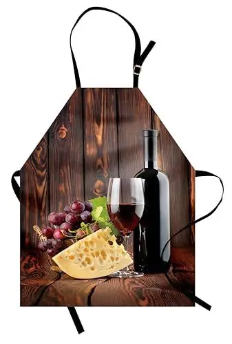 Produktbild: ABAKUHAUS Wein Kochschürze, Rotwein-Cabernet-Flasche und Glaskäse und Trauben auf hölzernem Planken-Druck, Höhenverstellbar Klare Farben ohne verblassen, Creme