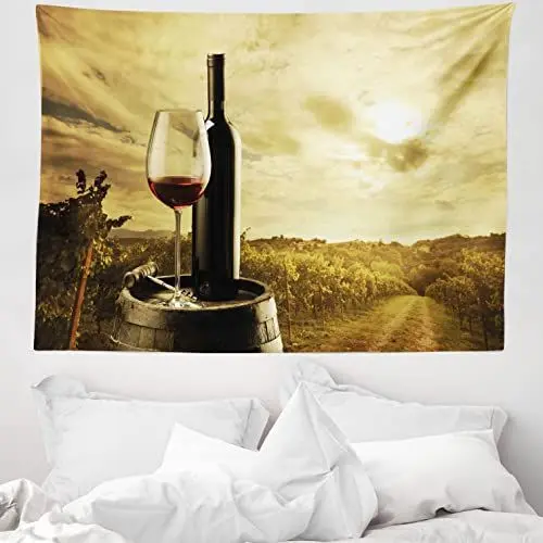 Produktbild: ABAKUHAUS Wein Wandteppich, Rotwein-Fass-Weinberg, aus Weiches Mikrofaser Stoff Ohne Veblassen Waschbarer Druck, 150 x 110 cm, Blasser Kaffee Schwarz Grün