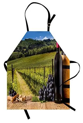 Produktbild: ABAKUHAUS Weingut Kochschürze, Rotwein-Flaschen mit Trauben auf Timber Board Toskana italienischen Terrasse Landschaft, Farbfest Höhenverstellbar Waschbar Klarer Digitaldruck, Braun Grün Blau