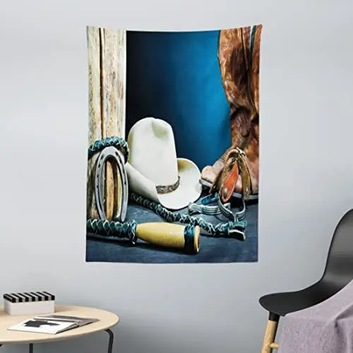 Produktbild: ABAKUHAUS Western Wandteppich, Hintergrund mit antikem Hufeisen Hut Cowboy Texas Fotografie, aus Weiches Mikrofaser Stoff Wand Dekoration Für Schlafzimmer, 110 x 150 cm, Blau Braun und Beige