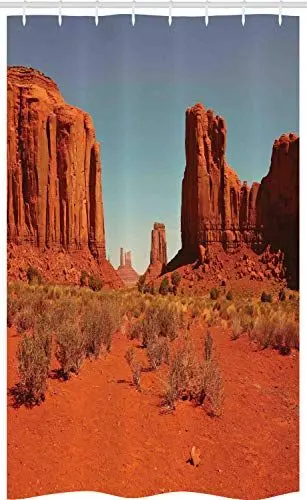 Produktbild: ABAKUHAUS Wüste Schmaler Duschvorhang, Hot Day Monument Valley, Badezimmer Deko Set aus Stoff mit Haken, 120 x 180 cm, Dark Orange Pale Blue