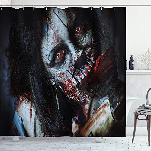 Produktbild: ABAKUHAUS Zombie Duschvorhang, Blutige Frau Theme, Stoffliches Gewebe Badezimmerdekorationsset mit Haken, 175 x 180 cm, Dunker Nachtblau