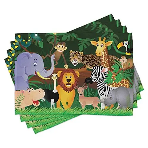 Produktbild: ABAKUHAUS Zoo Platzmatten, Tiere im Dschungel-lustige Ausdrücke exotische komische Beifall-natürliche Lebensraum-Illustration, Tiscjdeco aus Farbfesten Stoff für das Esszimmer und Küch, Grün und Braun