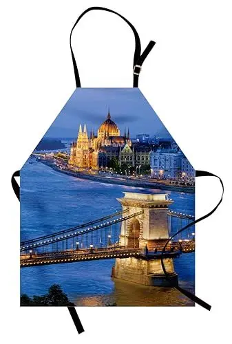 Produktbild: ABAKUHAUS europäisch Schürze, Fluss von Budapest Brücke, kleines Schürzenlatz mit verstellbaren Krawatten zum Backen Malerei, 43 cm x 55 cm, Mehrfarbig