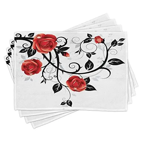 Produktbild: ABAKUHAUS gotisch Platzmatten, Aufwändige wirbelnde Niederlassungen mit Rosen-Garten-Blumen-Schmutz-Art Europäer, Waschbarer und Farbfester Stoff für Esszimmer und Küche, Zinnoberrot Weiß Schwarz