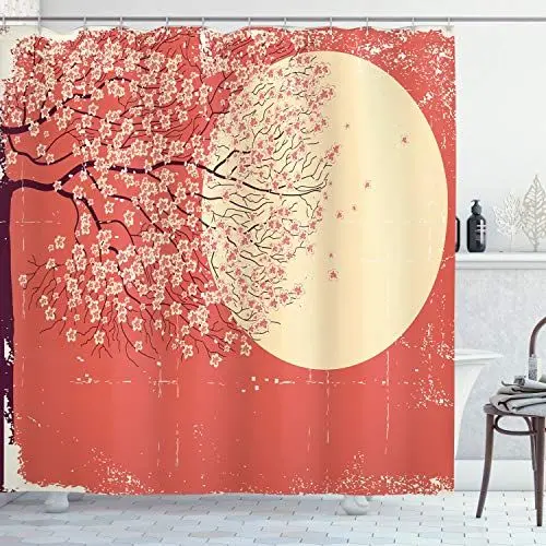 Produktbild: ABAKUHAUS japanisch Duschvorhang, Kirsche Sakura-Blüten, Stoffliches Gewebe Badezimmerdekorationsset mit Haken, 175 x 200 cm, Hellgelb Korallenrot Pflaume
