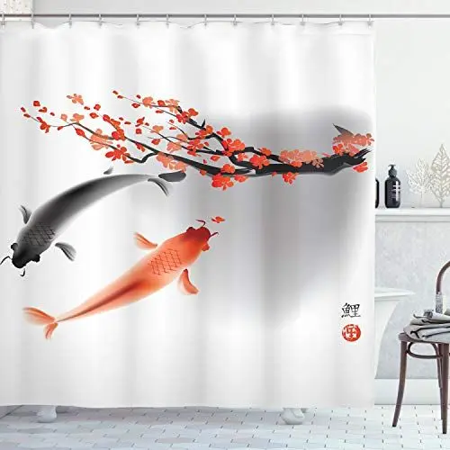 Produktbild: ABAKUHAUS japanisch Duschvorhang, Koi Karpfen-Fische Paar, Stoffliches Gewebe Badezimmerdekorationsset mit Haken, 175 x 180 cm, Orange Grau