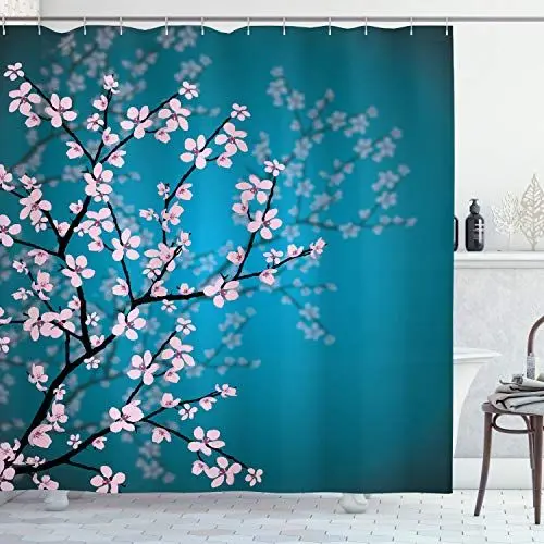 Produktbild: ABAKUHAUS japanisch Duschvorhang, Sakura Bloom Muster, Stoffliches Gewebe Badezimmerdekorationsset mit Haken, 175 x 200 cm, Petrol Blau Hellrosa