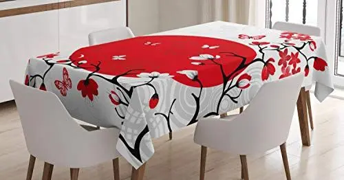 Produktbild: ABAKUHAUS japanisch Tischdecke, Kirsche Sakura-Bäume, Pflegeleicht mit Modernster Druck Technologie Waschbar und Personalisiert, 140 x 200 cm, Zinnoberrot Weiß Schwarz