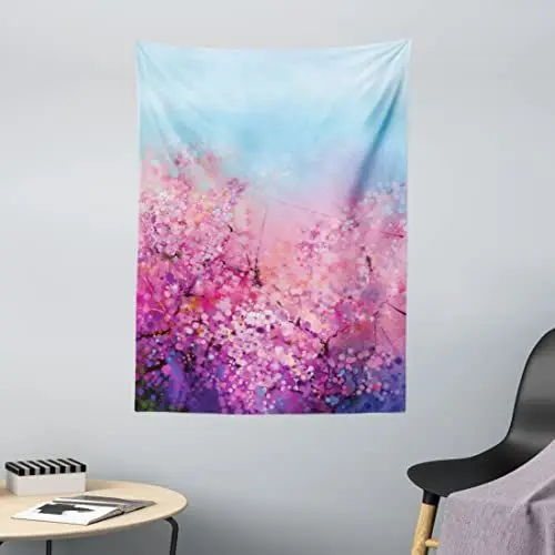 Produktbild: ABAKUHAUS japanisch Wandteppich, Kirsche Frühlings-Thema aus Weiches Mikrofaser Stoff Waschbar ohne Verblassen Digitaldruck, 110 x 150 cm, Hellblau Lila