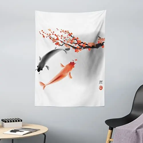 Produktbild: ABAKUHAUS japanisch Wandteppich, Koi Karpfen-Fische Paar aus Weiches Mikrofaser Stoff Waschbar ohne Verblassen Digitaldruck, 110 x 150 cm, Orange Grau