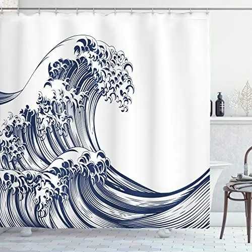 Produktbild: ABAKUHAUS japanische Welle Duschvorhang, Oriental Weinlese, Stoffliches Gewebe Badezimmerdekorationsset mit Haken, 175 x 180 cm, Marineblau Weiß
