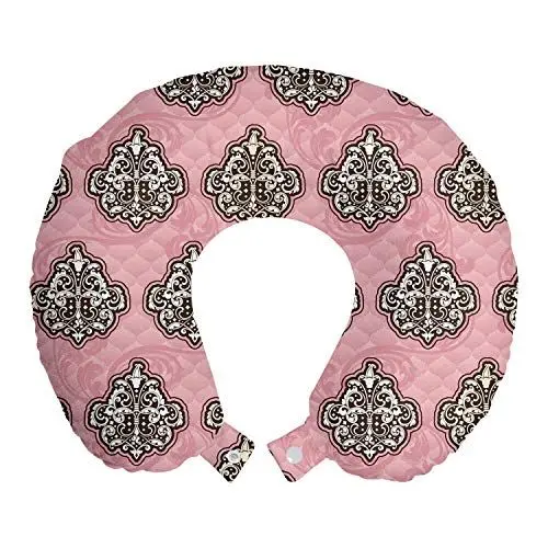 Produktbild: ABAKUHAUS rosa Damast Reisekissen Nackenstütze, Modernisierten Rococo Kunst, Schaumstoff Reiseartikel für Flugzeug und Auto, 30x30 cm, Pale Pink Beige
