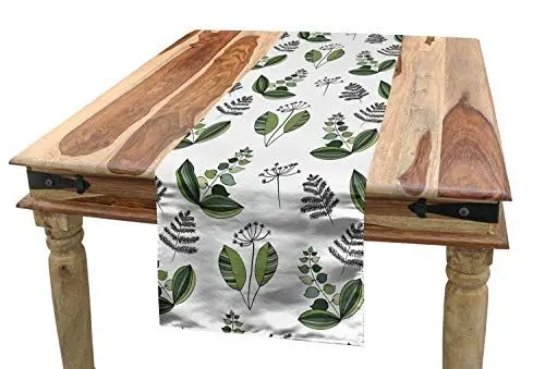 Produktbild: ABAKUHAUS skandinavisch Tischläufer, Frische blühende Pflanzen, Esszimmer Küche Rechteckiger Dekorativer Tischläufer, 40 x 225 cm, Olivengrün und Weiß