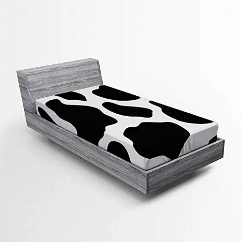 Produktbild: ABAKUHAUS Kuh-Druck Spannbetttuch, Weiß Kuhfell Barn, Soft Dekorativer Stoff Bettwäsche Rund-um Elastischer Gummizug, 90 x 200 cm, Grau Schwarz