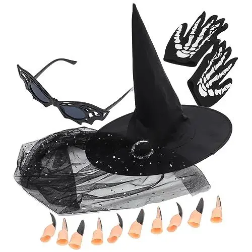 Produktbild: Abaodam 1 Satz Halloween-skeletthandschuhe Halloween-kostüm-requisiten Halloween-hexenhut Künstliche Nägel Dekoratives Halloween-kostümzubehör Halloween-hüte Gläser Kunststoff Bilden