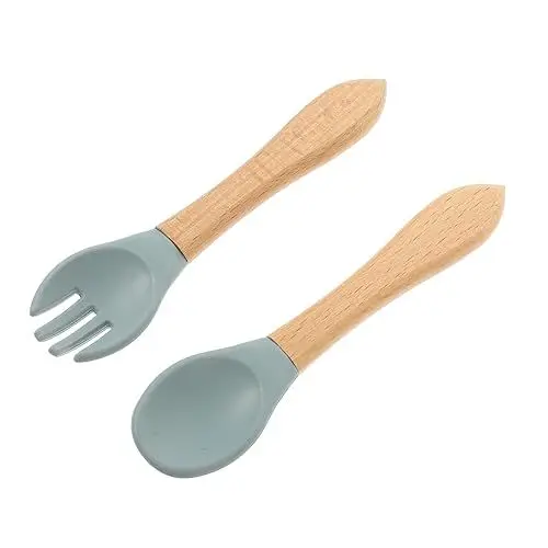 Produktbild: Abaodam Und Löffel Aus Silikon Mit Holzgriff Für Kleinkinder – Lernbesteck-set Für Kinder – Griff