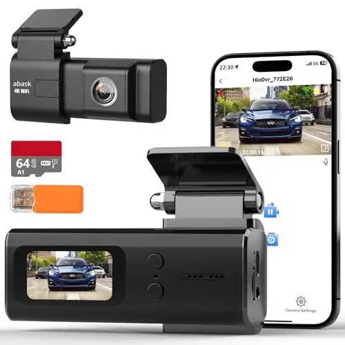 Produktbild: abask Dashcam Auto, Mini Dashcam 4K WiFi mit App-Steuerung, Sprachalarm, Dash Cam mit 64GB SD-Karte, Kartenleser, Auto Camera mit Parküberwachung, Infrarot Nachtsicht, G-Sensor, Schleifenaufzeichnung