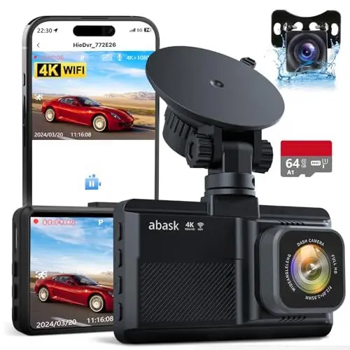 Produktbild: abask Dashcam Auto Vorne Hinten, Echtes 4K WiFi Autokamera 320 Grad mit 64GB Karte, Eingebaute Anzeige 3'', Dashcam mit Rückwärtsgang-Hilfe,Parküberwachung, Nachtsicht, G-Sensor,Schleifenaufzeichnung