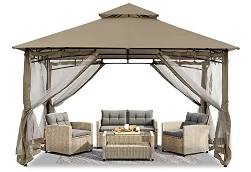 Produktbild: ABCCANOPY 3.35x3.35m Gartenpavillon für Terrasse Doppeldachweichdach Garten Hinterhof-Pavillon mit Netz für Schatten und Regen,Khaki