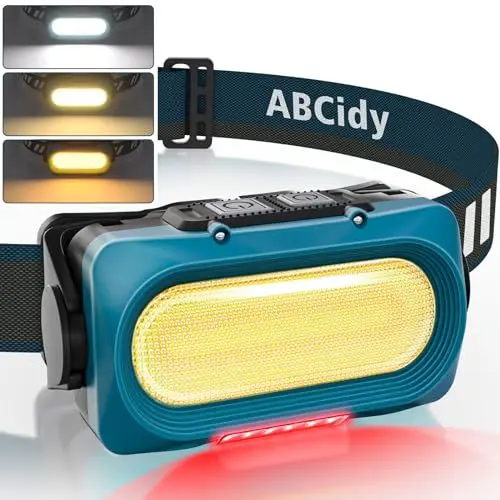 Produktbild: ABCidy LED Stirnlampe Wiederaufladbar, Wasserdichte Kopflampe IPX4 mit 3000K/4500K/6000K und Rotem Licht, mit 12 Beleuchtungsmodi für Outdoor-Radfahren, DIY, Camping, Wandern, Angeln