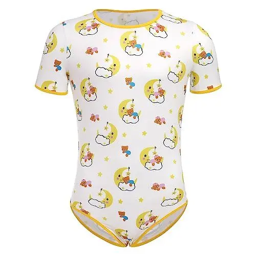 Produktbild: ABDL Body M?nner Herren Overall Bodysuit Baby Einteiler f?r Windelliebhaber Kurzarm T-Shirt Unterhemd Druckkn?pfe im Schritt Karikatur Gedruckt Jumpsuit Playsuit Unterw?sche Schlafanzug Mond B?r 2XL