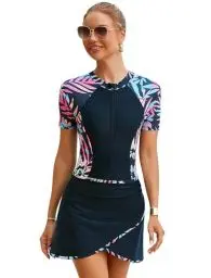 Produktbild: ABEHIK Badeanzug mit Bein und Rock f�r Damen Bademode Rei�verschluss Bauchweg Tankini Burkini Slim Fit Schwimmanzug Women Swimsuit schwarz mit rosa L