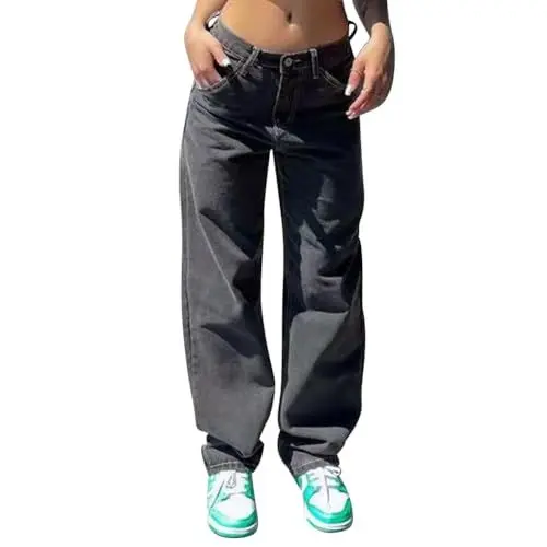 Produktbild: ABEHIK Damen Lange Jeans mit Weitem Bein und Taschen Baggy Herbst Arbeitshose 2004er Jahre Denim Niedriger Waist Hose Freizeithose