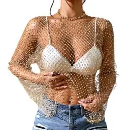 Produktbild: ABEHIK Damen Sexy Netzoberteil mit Strasssteinen Durchsichtige Fischernetz Pullover Y2K Cover Up Kost�me f�r Karneval Musikfestival Clubwear golden M