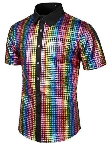 Produktbild: ABEHIK Herren Disco Hemd mit Pailletten 70er Kurzarm Party Kost�m f�r M�nner Rave Shirt Mottoparty Karneval bunt XXL