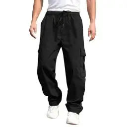 Produktbild: ABEHIK Herren Freizeithose mit Mehreren Taschen Baggy Hosen mit geradem Bein Cargoghosen Sport Trauningshose schwarz L