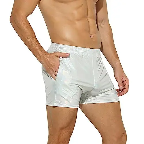 Produktbild: ABEHIK Herren Glitzer Shorts Sexy Pailletten Hose Metallic Shorts Kurz Y2K Gl�nzender Bar-Shorts Hotpants Musikfestival Karneval Kost�m Nacht Clubwear wei� XL