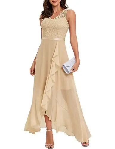 Produktbild: Abendkleid Elegant für Hochzeit Lang Festliche Kleider für Spitzenkleid Brautjunferkleid A Linie Cocktailkleider Champagner 3XL