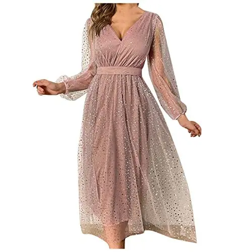 Produktbild: Abendkleid Frauen Sommer Hohe Taille Lange Ärmel Kleid mit Sternen Abendkleider Damen Gemütlich Tüll Elegant Cocktail Bequemer V Ausschnitt Glitzer Rosa