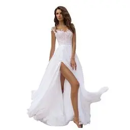 Produktbild: Abendkleider Brautkleid Lang Mit Schlitz Spitze Abendkleider Elegant Für Hochzeit V Ausschnitt Ärmellos Hochzeitskleid A Linie Brautkleider Hohe Taille Elegant Festliche Kleider Für Damen Weiß